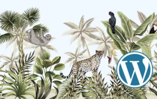 Wordpress-Logo im Dschungel, Palmen, Gepard, Papagei